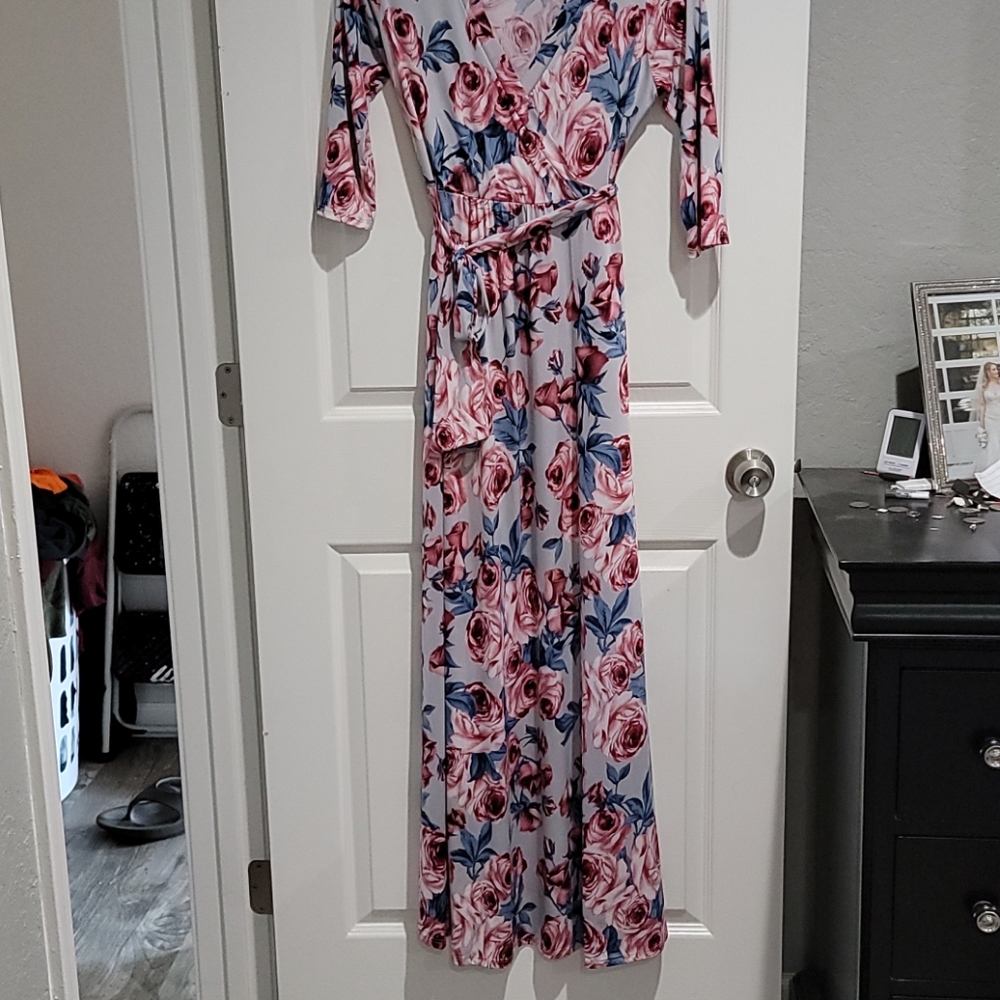 Blue 3/4 sleeve wrap tie dress